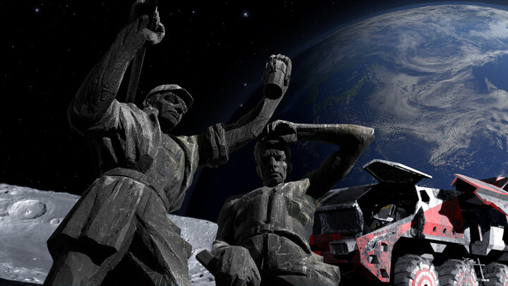 Abstrakcyja grafika przedstawiająca rzeźby górników na powierzchni księżyca. W tle pojazd oraz kula ziemska.